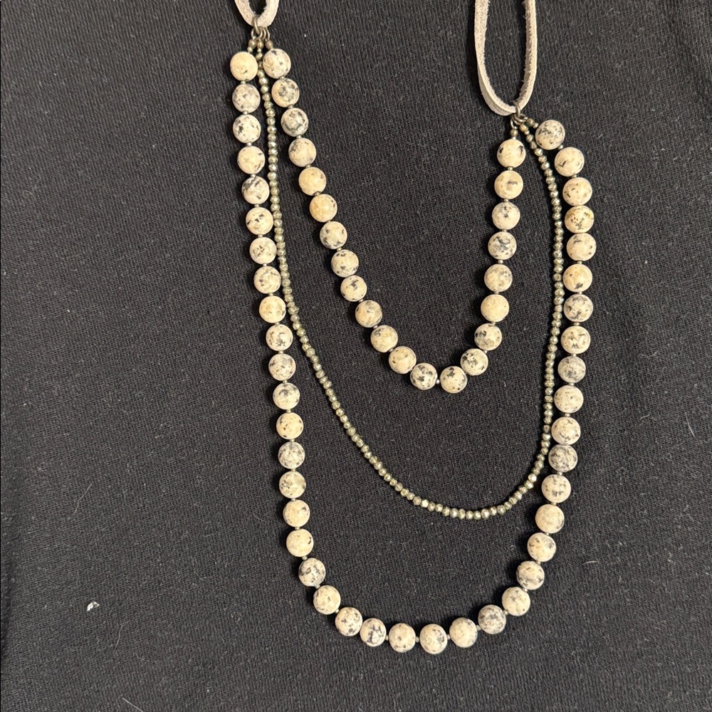 Vintage Multi-Strand Stone Necklace in Metallic, Cream and Gray